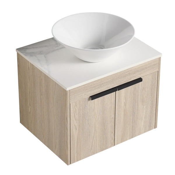 English Elm 24" Modern Floating Bathroom Vanity Set With Ceramic Sink & Soft-Close Doors - White Oak Design W999S00019