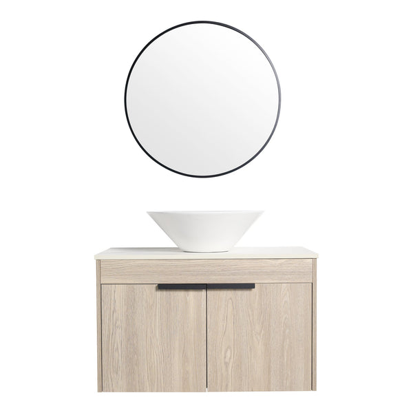 English Elm 30''Modern Floating Bathroom Vanity Wall Mounted White Oak with Ceramic Vessel Sink & Soft-Close Doors W999S00024