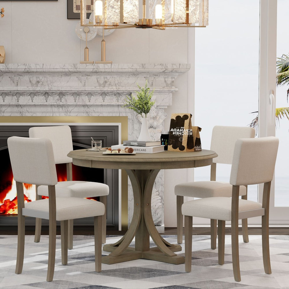 English Elm Trexm Retro Round Bistro Dining Set Acacia Wood Trestle Base Upholstered Seats 5 Piece ST000079AAD