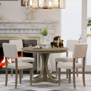 English Elm Trexm Retro Round Bistro Dining Set Acacia Wood Trestle Base Upholstered Seats 5 Piece ST000079AAD