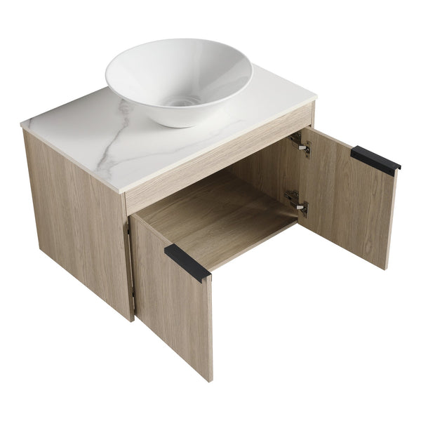 English Elm 30''Modern Floating Bathroom Vanity Wall Mounted White Oak with Ceramic Vessel Sink & Soft-Close Doors W999S00024