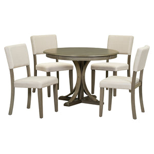 English Elm Trexm Retro Round Bistro Dining Set Acacia Wood Trestle Base Upholstered Seats 5 Piece ST000079AAD