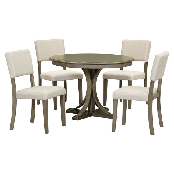 English Elm Trexm Retro Round Bistro Dining Set Acacia Wood Trestle Base Upholstered Seats 5 Piece ST000079AAD