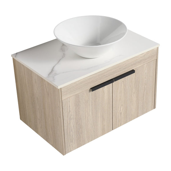 English Elm 30''Modern Floating Bathroom Vanity Wall Mounted White Oak with Ceramic Vessel Sink & Soft-Close Doors W999S00024