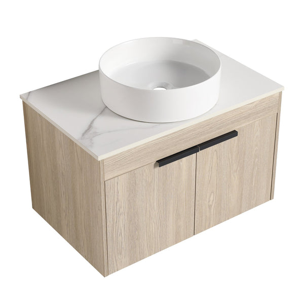 English Elm 30" Modern Floating Bathroom Vanity Set With Ceramic Sink & White Stone Top - Wall-Mounted Elegance W999S00021