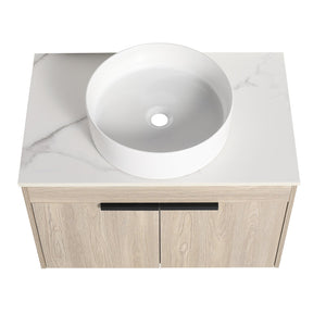 English Elm 30" Modern Floating Bathroom Vanity Set With Ceramic Sink & White Stone Top - Wall-Mounted Elegance W999S00021