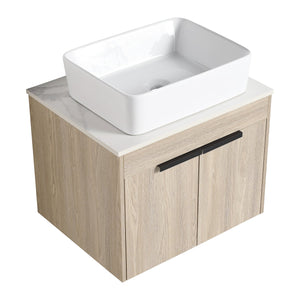English Elm 24" Modern Floating Bathroom Vanity With Ceramic Basin Set, White Oak, Soft-Close Doors & Storage W999S00018