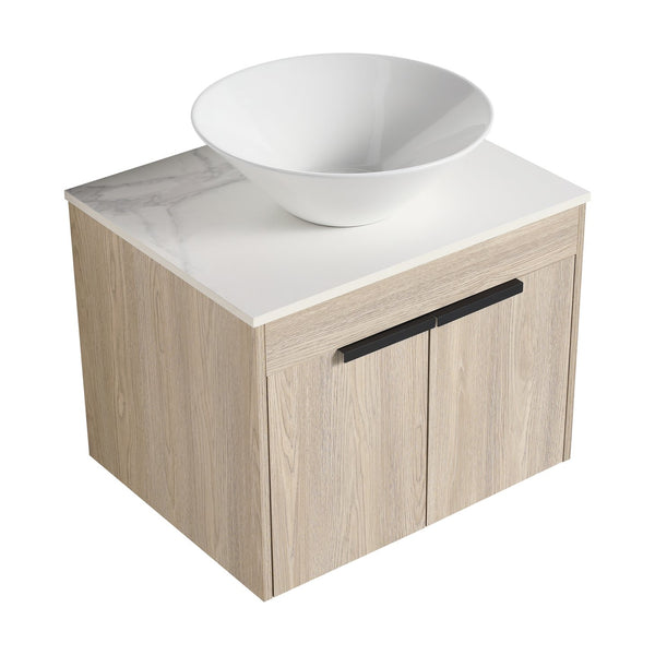 English Elm 24" Modern Floating Bathroom Vanity Set With Ceramic Sink & Soft-Close Doors - White Oak Design W999S00019