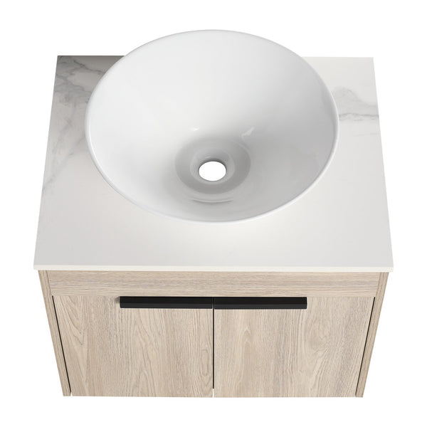 English Elm 24" Modern Floating Bathroom Vanity Set With Ceramic Sink & Soft-Close Doors - White Oak Design W999S00019