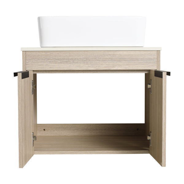 English Elm 36" Modern Floating Bathroom Vanity With Ceramic Sink, Storage Shelves, Soft-Close Doors & Style W999S00286