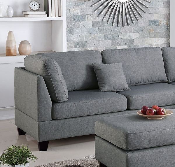 English Elm Grey 3-Piece Reversible Chaise Sectional Sofa with Ottoman - Linen-Like Polyfiber, Pillow Back Comfort B011S00309