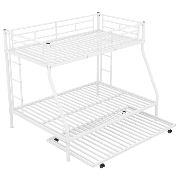 English Elm Twin Over Full Steel Bunk Bed with Trundle Dual Ladder Access Guardrails Kids Room White MF286667AAK