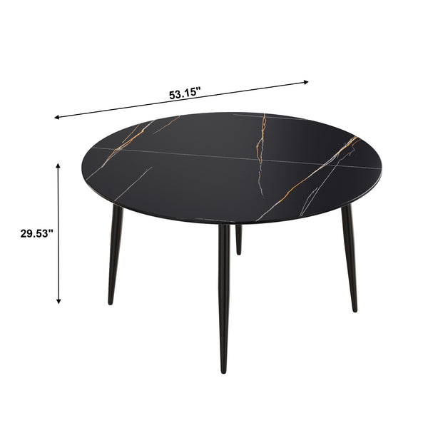 English Elm 53.15" Modern Round Dining Table - Sintered Stone Top, Black Metal Legs, Seats 6 With Lazy Susan W1535S00213