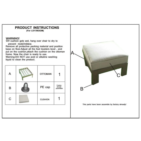 English Elm Patio Aluminum Ottoman with Removable Olefin Cushion, Powdered Pewter — Durable Modern 27x24x13" B01051501