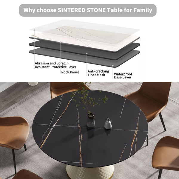 English Elm 53.15"Modern Round Dining Table With Sintered Stone Top & Steel Base - Seats 6, Stylish & Durable! W1535S00216