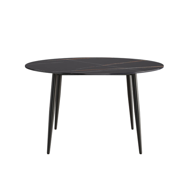 English Elm 53.15" Modern Round Dining Table - Sintered Stone Top, Black Metal Legs, Seats 6 With Lazy Susan W1535S00213