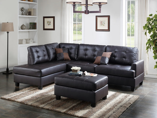 English Elm Contemporary 3-Piece Sectional Sofa with Tufted Faux Leather, Reversible Chaise and Cocktail Ottoman Espresso 81 L x 33 W x 14 H B011S00310