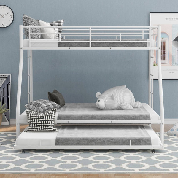 English Elm Twin Over Full Steel Bunk Bed with Trundle Dual Ladder Access Guardrails Kids Room White MF286667AAK