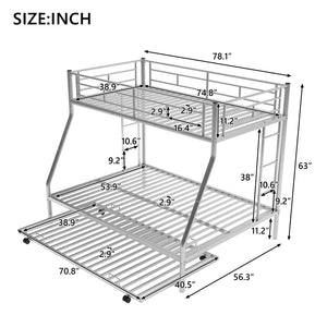 English Elm Twin Over Full Steel Bunk Bed with Trundle Dual Ladder Access Guardrails Kids Room Silver MF286667AAN