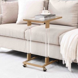 English Elm W82153574 Gold Metal C Shape Side Table Tempered Glass Top with Acrylic Accents W107194392