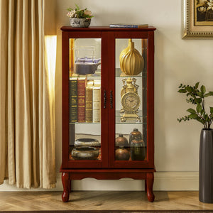 English Elm Curio Lighted Display Cabinet with Mirrored Back, Tempered Glass Shelves, Classic Floor Mount Design Cherry W169392181