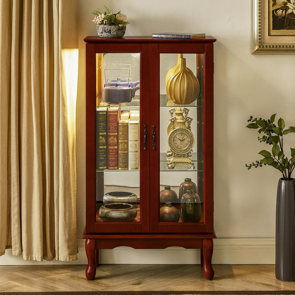 English Elm Curio Lighted Display Cabinet with Mirrored Back, Tempered Glass Shelves, Classic Floor Mount Design Cherry W169392181