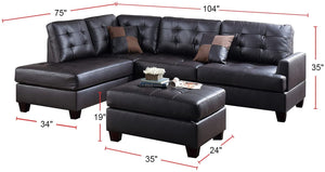 English Elm Contemporary 3-Piece Sectional Sofa with Tufted Faux Leather, Reversible Chaise and Cocktail Ottoman Espresso 81 L x 33 W x 14 H B011S00310