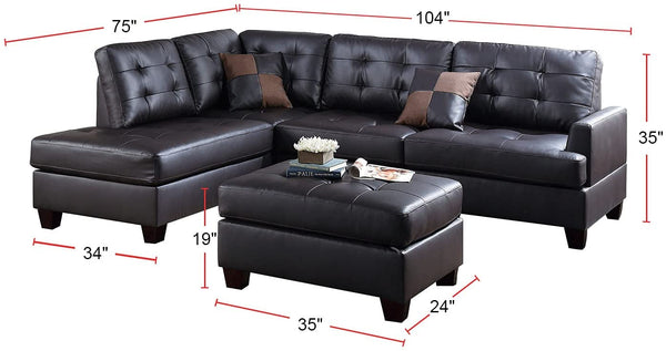 English Elm Contemporary 3-Piece Sectional Sofa with Tufted Faux Leather, Reversible Chaise and Cocktail Ottoman Espresso 81 L x 33 W x 14 H B011S00310