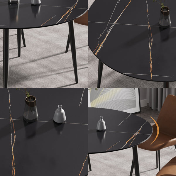 English Elm 53.15" Modern Round Dining Table - Sintered Stone Top, Black Metal Legs, Seats 6 With Lazy Susan W1535S00213