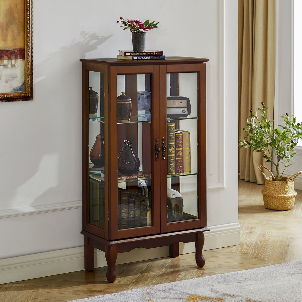 English Elm Curio Lighted Display Cabinet with Mirrored Back, Tempered Glass Shelves, Classic Floor Mount Design Walnut W169392180