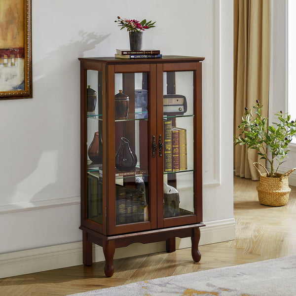 English Elm Curio Lighted Display Cabinet with Mirrored Back, Tempered Glass Shelves, Classic Floor Mount Design Walnut W169392180