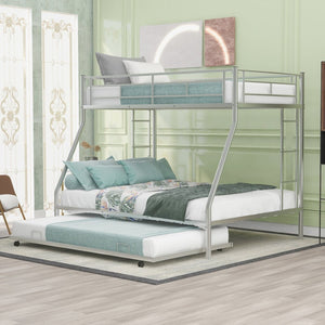 English Elm Twin Over Full Steel Bunk Bed with Trundle Dual Ladder Access Guardrails Kids Room Silver MF286667AAN