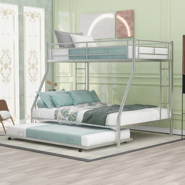 English Elm Twin Over Full Steel Bunk Bed with Trundle Dual Ladder Access Guardrails Kids Room Silver MF286667AAN