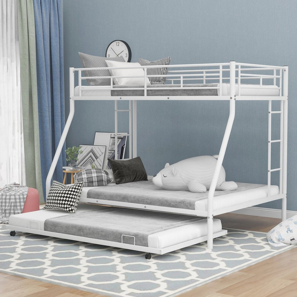 English Elm Twin Over Full Steel Bunk Bed with Trundle Dual Ladder Access Guardrails Kids Room White MF286667AAK
