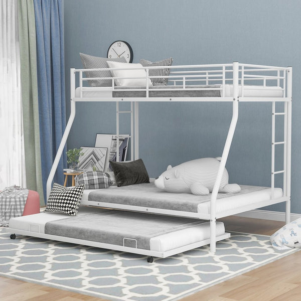 English Elm Twin Over Full Steel Bunk Bed with Trundle Dual Ladder Access Guardrails Kids Room White MF286667AAK