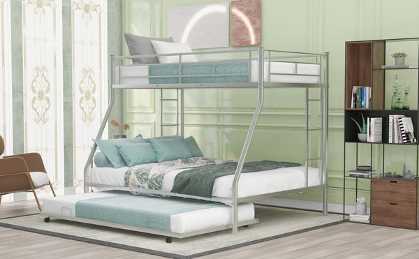 English Elm Twin Over Full Steel Bunk Bed with Trundle Dual Ladder Access Guardrails Kids Room Silver MF286667AAN