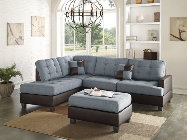 English Elm Contemporary 3-Piece Sectional Sofa with Tufted Faux Leather, Reversible Chaise and Cocktail Ottoman Grey 81 L x 33 W x 14 H B011S00311