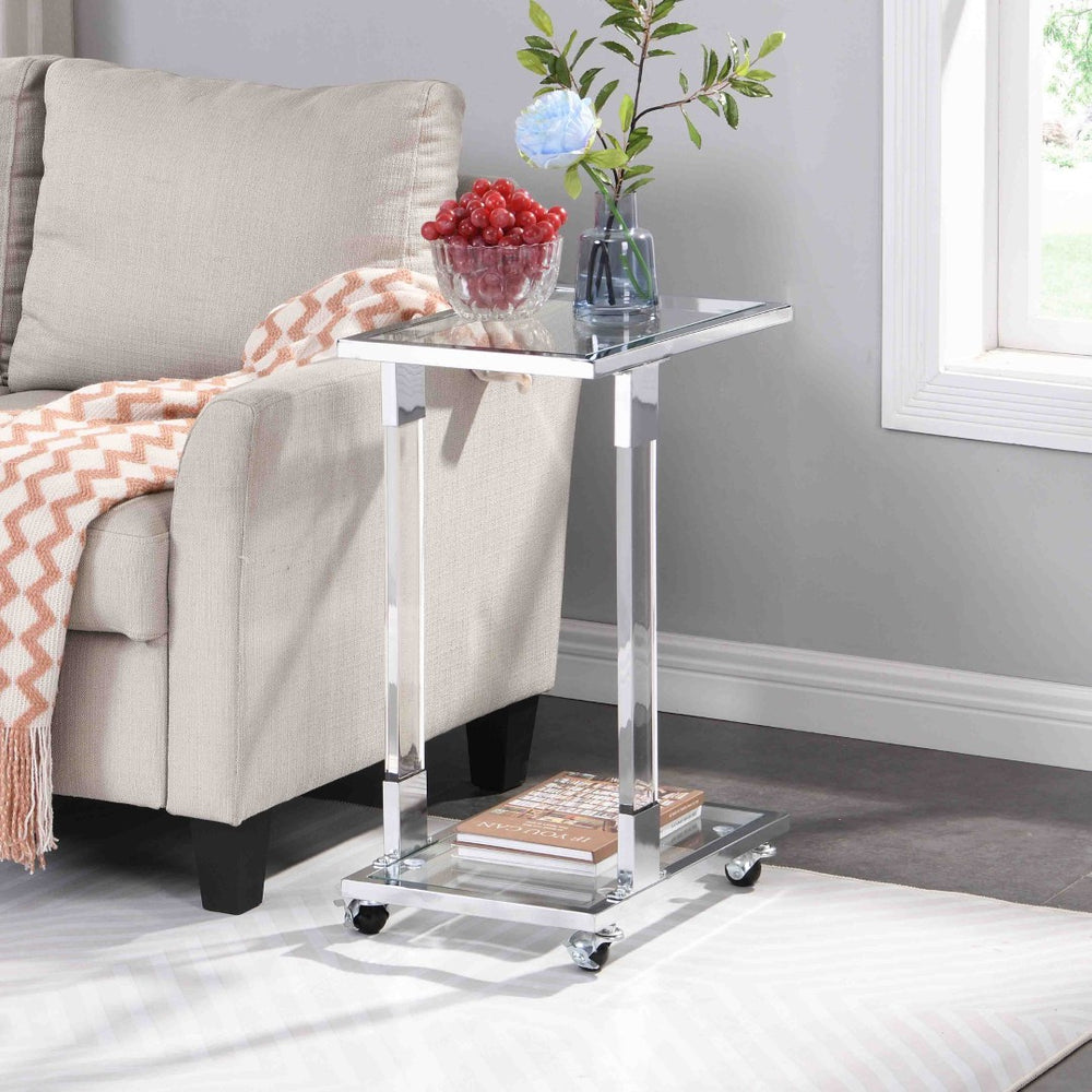 English Elm W82153574 Gold Metal C Shape Side Table Tempered Glass Top with Acrylic Accents W107194388