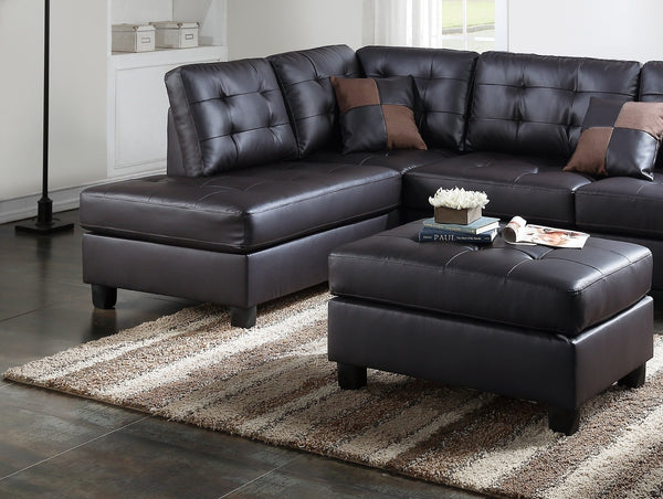 English Elm Contemporary 3-Piece Sectional Sofa with Tufted Faux Leather, Reversible Chaise and Cocktail Ottoman Espresso 81 L x 33 W x 14 H B011S00310