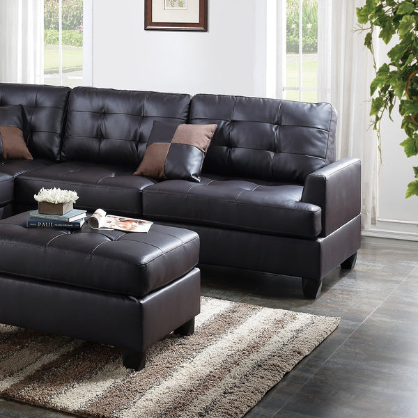 English Elm Contemporary 3-Piece Sectional Sofa with Tufted Faux Leather, Reversible Chaise and Cocktail Ottoman Espresso 81 L x 33 W x 14 H B011S00310