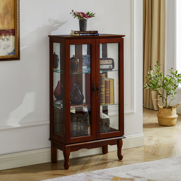 English Elm Curio Lighted Display Cabinet with Mirrored Back, Tempered Glass Shelves, Classic Floor Mount Design Cherry W169392181