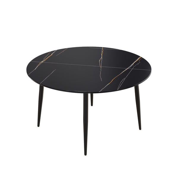 English Elm 53.15" Modern Round Dining Table - Sintered Stone Top, Black Metal Legs, Seats 6 With Lazy Susan W1535S00213