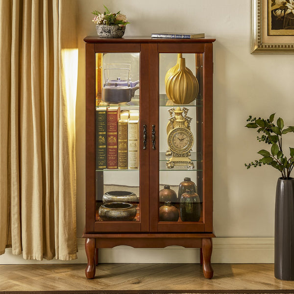 English Elm Curio Lighted Display Cabinet with Mirrored Back, Tempered Glass Shelves, Classic Floor Mount Design Walnut W169392180