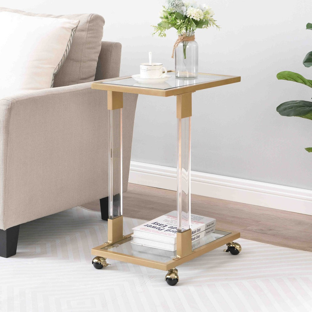 English Elm W82153574 Gold Metal C Shape Side Table Tempered Glass Top with Acrylic Accents W107194392
