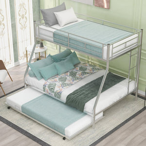 English Elm Twin Over Full Steel Bunk Bed with Trundle Dual Ladder Access Guardrails Kids Room Silver MF286667AAN