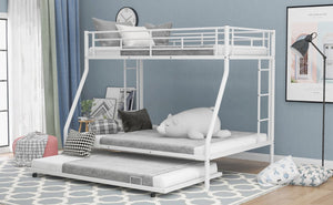 English Elm Twin Over Full Steel Bunk Bed with Trundle Dual Ladder Access Guardrails Kids Room White MF286667AAK