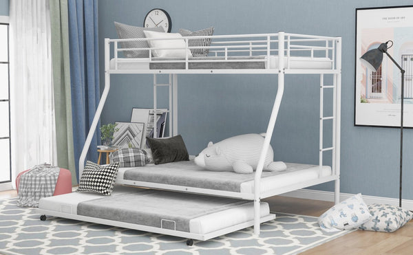 English Elm Twin Over Full Steel Bunk Bed with Trundle Dual Ladder Access Guardrails Kids Room White MF286667AAK