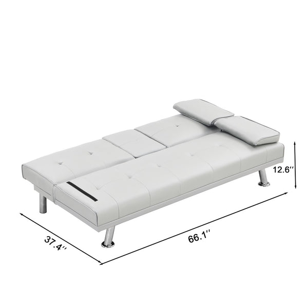 English Elm Sofa Bed Futon with Cup Holders Wood Frame Stainless Legs White Pvc Sleeper W214104918