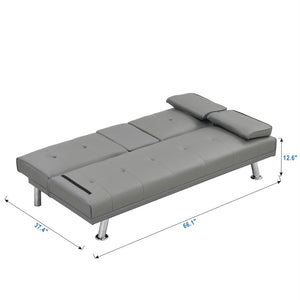 English Elm Sofa Futon Convertible with Cup Holders Wood Frame Stainless Legs Grey Pvc Upholstery W214104621