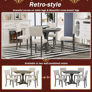 English Elm Trexm Retro Round Birch Veneer Dining Set Seats Four with Cushioned Upholstered Chairs ST000079AAE